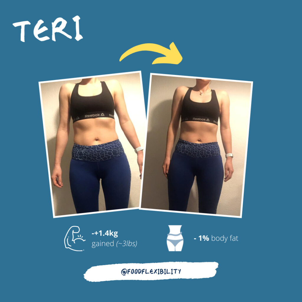 Teri looking leaner and stronger despite gaining weight.
